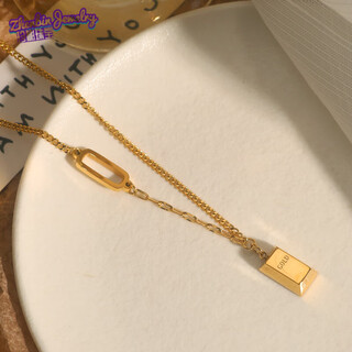 Fat donglai's same style 18k gold necklace that does not fade, small gold bricks, women's 2023 new style niche, 18k gold, double fortune, small gold bar necklace