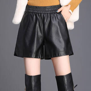 Sheng saixi leather shorts autumn and winter new high waist women's slim fit loose a-line wide leg pants boot pants pu leather pants black m 95-110jin jin is equal to 0.5 kg