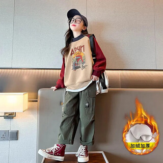 芭菲悦女童加绒卫衣秋冬款儿童冬装女大童加厚上衣一体绒休闲保暖衣服 酒红色（一体绒） 160码建议身高145-155cm