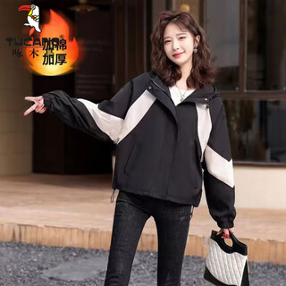 Woodpecker cotton thickening hooded assault top short jacket spring and autumn new casual loose color matching small workwear style black cotton plus/thick m recommended 90-105jin jin equals 0.5 kg