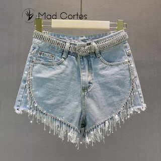 Mad cortes original fashion brand design denim shorts for women summer slimming rhinestone tassel trendy fashion hot pants light blue m