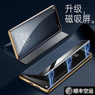 Xingang huawei mate60pro mobile phone case, electroplated business magnetic flip cover, mate60 porsche smart window all-inclusive anti-fall protective cover, sapphire blue, cross-pattern magnetic stand model, huawei mate60 rs porsche