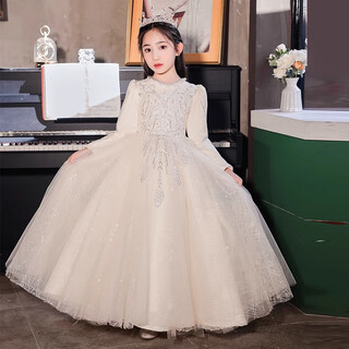 Hanquan girls evening dress autumn and winter 2025 new high-end flower girl princess dress host children piano playing female long sleeve champagne color 140 suitable for weight 60-65jin jin is equal to 0.5 kg