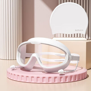 He jiagong swimming cap women's long hair ear protection xl waterproof non-stretching comfortable men's silicone swimming cap swimming goggle set white swimming cap + large frame swimming goggles nose clip earplugs