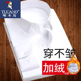 Woodpecker no-iron anti-wrinkle shirt men's long-sleeved business casual formal fit professional black and white men's shirt white plus velvet 2xl