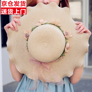 Wild plum blossom straw hat for women, summer sun hat for women, korean style trendy sun protection outdoor versatile beach hat, cute and fashionable sun hat, beige, small wave garland - one size fits all, suitable for 56-60cm head circumference
