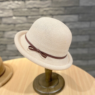 Wine style senior fisherman hat women's summer bow curled bowler hat small fresh korean style trendy sunshade hat beige - bow curled m56-58cm