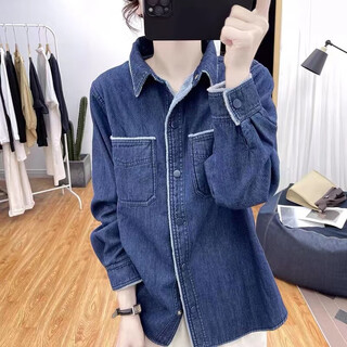 Lauaird korean winter fashion boutique velvet denim long sleeve shirt women's tops 2024 lapel thickened warm jacket dark denim blue velvet thickened s 80-90jin jin is equal to 0.5 kg