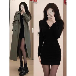 In the glimmer, the little mother's butt-covering dress is for women in early autumn, with a windbreaker underneath, a tight black short skirt, a slim fit and a sexy suit, black hot girl bottoming skirt, black l