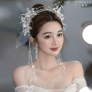 Cheng liu bridal tiara, korean crystal tassel bow headband, fairy white gauze saint crown wedding dress, wedding hair accessories, saint crown ear clip