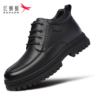 Red dragonfly high-top leather shoes men's business casual shoes plus velvet warm cotton shoes middle-aged dad men's shoes wld440231 black 40