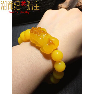 Dl 1998 fat donglai same style beeswax pixiu bracelet for women natural l amber old chicken oil yellow bracelet for men and women playing mahjong and playing cards chicken oil yellow pixiu round bead diameter 12*mm bracelet