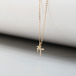Xuecong korean pure 14k necklace simple mini inlaid zircon cross pendant slim mini k gold clavicle chain necklace 14k gold