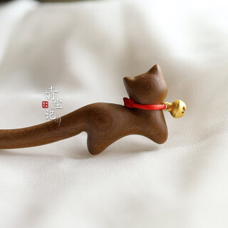 Jingle cat sandalwood kitten hairpin bell lucky original hairpin ancient style personality single hairpin (18cm sandalwood)