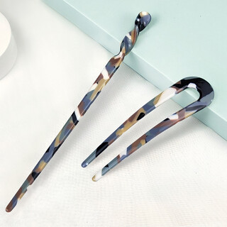 Feihua u-shaped hairpin modern daily wear simple hair accessory u-shaped hairpin updo acetate hairpin ancient style updo hairpin camouflage color (one-word hairpin + u-shaped hairpin) 2-piece set