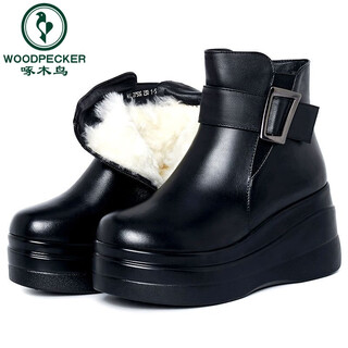 Woodpecker genuine leather thick-soled snow boots winter new fur one-piece wedge-heeled short boots thickened and warm women's cotton shoes autumn and winter black plus velvet 37
