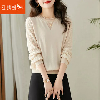 Red dragonfly t-shirt women's long sleeve 2025 autumn and winter new women's lace round neck knitted shirt women's bottoming top shirt beige long sleeve one size (suitable for 80-145 jin jin equals 0.5 kg)
