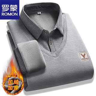 Romon men's shirt fake two-piece winter thick clothes warm sweater middle-aged and elderly dad's base shirt men's plus velvet gray xl