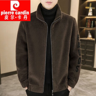 Pierre cardin fur one-piece shearling jacket men's lamb velvet jacket thickened winter earth color zipper stand collar lamb wool 3xl 185 (145-165jin jin equals 0.5 kg)