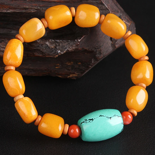 Zhenghe jewelry boutique chicken fat yellow amber beeswax full wax diy bracelet. with turquoise weighing 16.41 grams