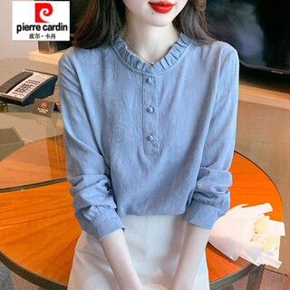 Pierre cardin pure cotton shirt women's spring 2026 new fashionable inner fungus collar cotton shirt fashionable stand collar spring and autumn top blue xl