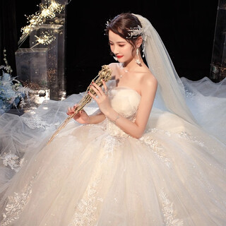 Red makeup with good decoration, tube top light wedding dress 2025 new bridal temperament princess style starry sky simple tail main wedding dress light champagne to the floor s