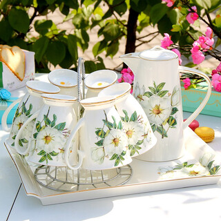 Household water cup set bone china cup set european emerald water set light luxury tea cup living room drinking cup camellia water set 8 pieces (6 cups 1 pot 1 shelf)