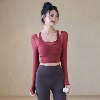Lululmcctn fake two-piece yoga clothes for women, long-sleeved fitness sports tops with chest pads, pilates training clothes, anchor red m