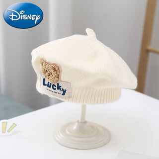迪士尼（Disney）儿童帽子秋冬款婴幼儿针织贝雷帽可爱超萌男女宝宝小熊毛线帽 LUCK针织贝雷-白色 参考5-36个月(42-48cm) x 均码
