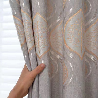 Yilianfang curtains living room bedroom 75% blackout curtain fabric bamboo cotton jacquard nordic simple sun shade insulation bamboo hemp gold leaf - gray hook style how many meters per meter and how many pieces to take