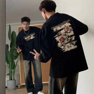 Luyal american fashion high street pure cotton long-sleeved t-shirt men's autumn and winter sweat clothes versatile casual inner wear ins bottoming shirt black xl