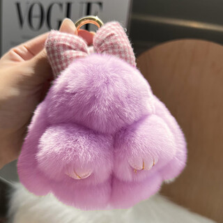 Tucker is suitable for cute real rex rabbit fur bow little rabbit car keychain pendant ins plush doll school bag amethyst color