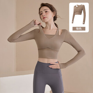 Luluuvttoh yoga wear women's autumn and winter new sports tops long-sleeved fitness wear running casual style training wear pilates suit brown top m