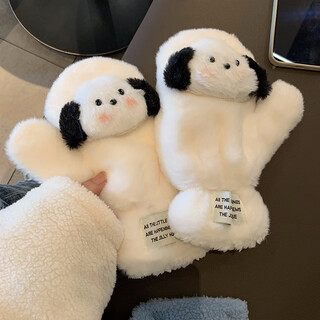Tuzun cute plush gloves women's winter puppy warm plus velvet thickened all-inclusive mitten student cycling coldproof gloves winter increased thickening version (white)