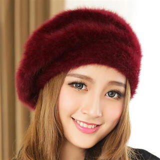 Douqian hat women's winter imitation rabbit fur beret hat women's fashion korean style knitted woolen hat warm and thickened painter beret burgundy m suitable for (55-58c) head circumference