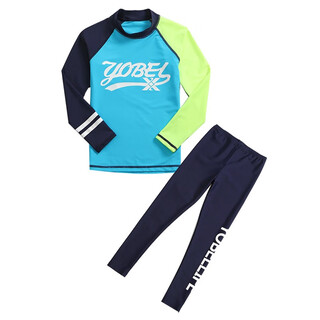 Yobel children's swimsuit boys new hot spring swimsuit boys small, medium and large children split long-sleeved warm sun protection swimsuit fluorescent yellow and blue 3xl height 140-150cm weight 70-90jin jin equals 0.5 kg