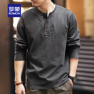 Romon t-shirt high-end retro long-sleeved men's autumn and winter loose new pure cotton tough guy casual henry collar bottoming shirt top charcoal gray 2xl suitable for 180-200jin jin equals 0.5 kg