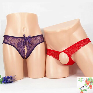 Couple's sexy underwear for women, crotchless thong, tempting, see-through, sexy, large size, hollow men's t, purple + red, one size fits all (waist circumference 2 feet - 2.6 feet)