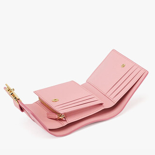 95% new mcm classic logo printed artificial leather tri-fold wallet, women's bag, peach blossom pink gift