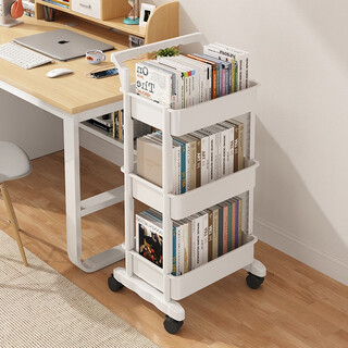 Lunar exploration bookshelf storage rack floor-standing multi-layer household simple removable wheeled trolley snack storage rack storage bookcase 3 layers - white side armrests + wheels (picture 2)