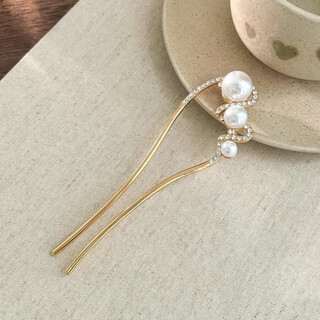 New chinese-style u-shaped pearl hairpin for women with ball headband hair artifact hairpin 2024 new style hairpin on the back of the head comb 11# gold three-pearl wavy hairpin