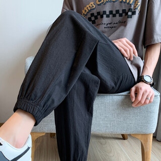 Dumeizi casual pants men's autumn lace-up elastic waist versatile sports stretch harem pants loose foot-tie nine-point pants men black-versatile xl