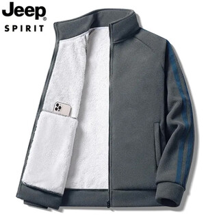 Jeep spirit jeep men's cardigan sweatshirt plus velvet thickened striped stand collar polar fleece autumn and winter jacket warm casual jacket 8868 military green lamb velvet thickened l (recommended 120-140 jin jin equals 0.5 kg)