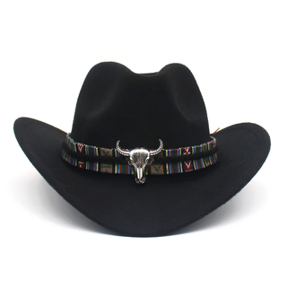 Zhenyi western cowboy hat retro turquoise tibetan top hat men and women prairie felt hat jazz hat mongolian hat ethnic style black (colored cow head) m one size for adults (56-60cm)