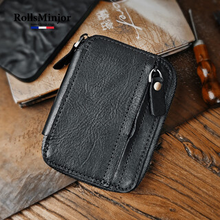 Rollsminjor handmade retro coin purse men's genuine leather key bag hand-rubbed vegetable tanned cowhide driver's license key storage bag vegetable tanned black 9*2*12.5cm