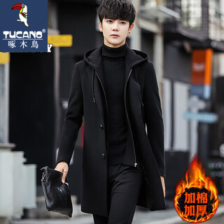 Woodpecker mid-length windbreaker men's hooded autumn and winter woolen coat coat men's korean style trendy men's windbreaker jacket black black hat cotton style xl