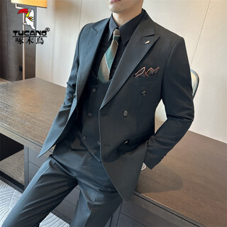 Woodpecker (tucano) brown double-breasted suit men's suit british slim men's large size suit three-piece wedding groom's suit trendy dark green (suit + vest + trousers) 4xl 58 (158-173jin jin equals 0.5 kg)