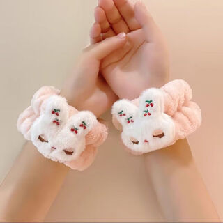 Meng junchen super cute rabbit face wash headband girl winter wristband anti-moisture artifact headband plush headband cute headwear rabbit wristband (pink pair)