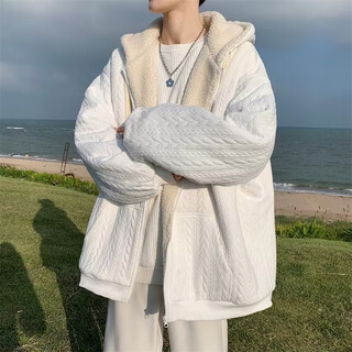 Huangzhen imitation lamb velvet cotton coat men's hooded jacket autumn and winter men's hong kong style loose jacket plus velvet thickened casual cotton coat white plus velvet single piece xl 120-140jin jin equals 0.5 kg