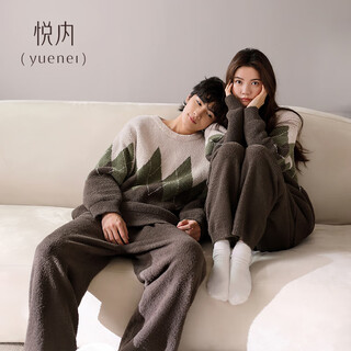 Yuenei half velvet couple pajamas women's autumn and winter coral velvet plus velvet warm home clothing men's pullover set 34244 tea brown men's l (male 110-140 jin jin equals 0.5 kg / female 110-120 jin jin equals 0.5 kg)